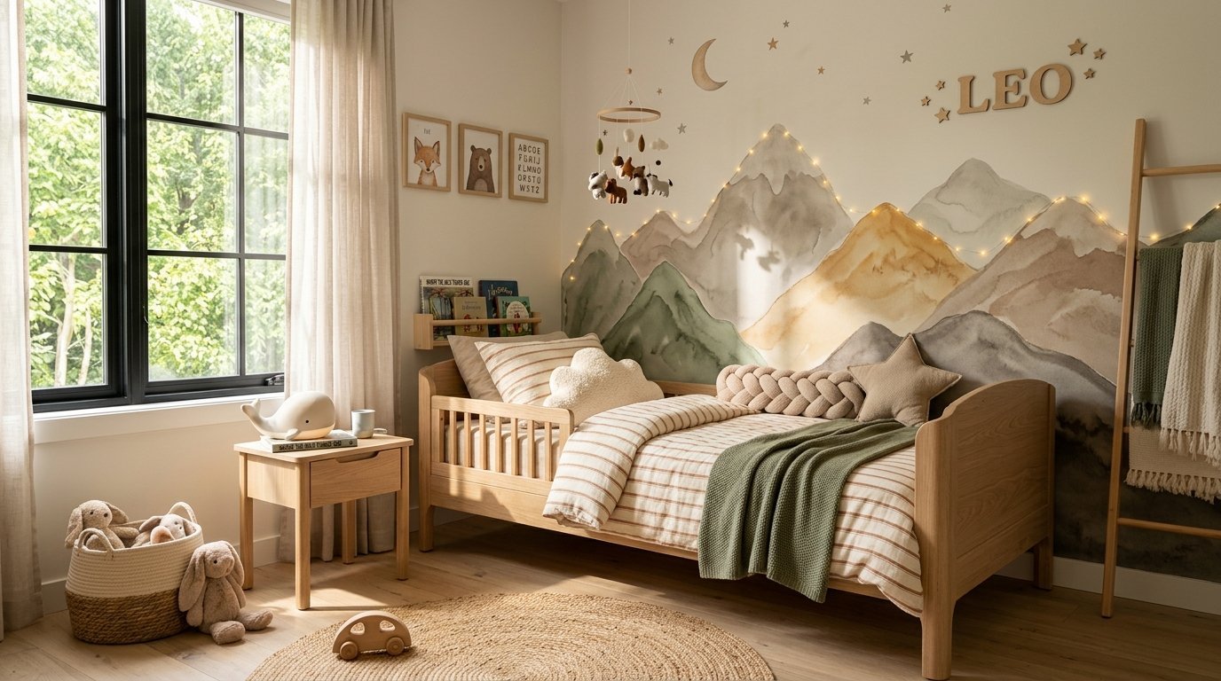 Modern wooden toddler bed with striped bedding and a wall mural of watercolor mountains.