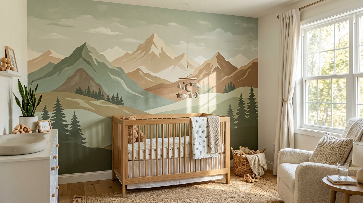 Wooden baby crib positioned against a wall mural of green hills, pine trees, and tan mountains.