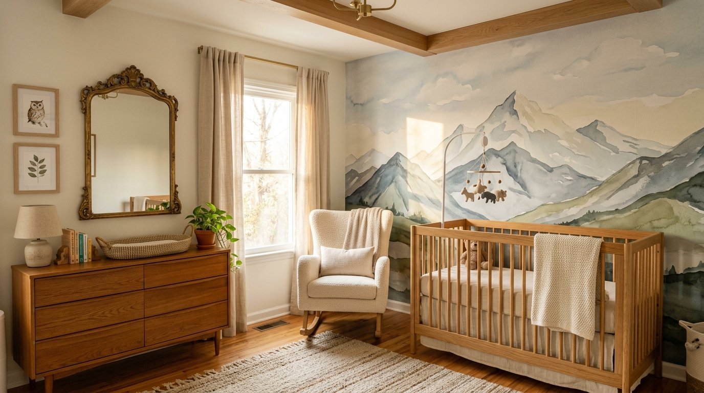 Baby room with a mountain watercolor mural, wooden crib, rocking chair, and a dresser with a vintage-style mirror.