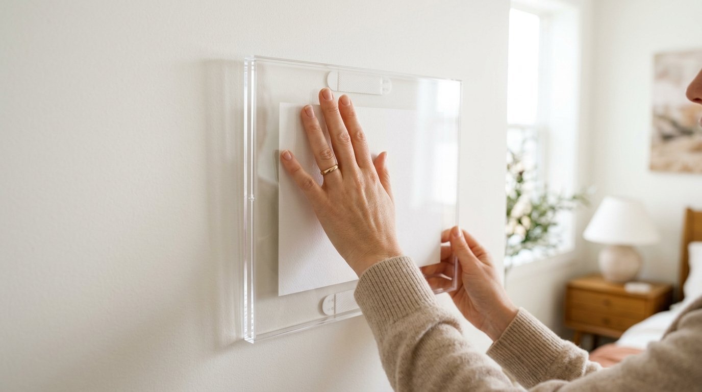 Close up of hands hanging a transparent acrylic frame with a blank white insert on a bright bedroom wall.