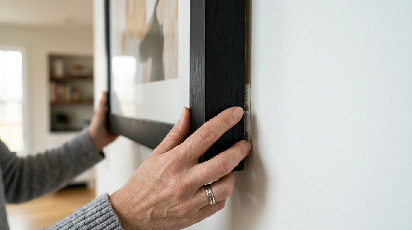 Close up of a hand pressing a black wooden frame against a white wall using command hanging strips.