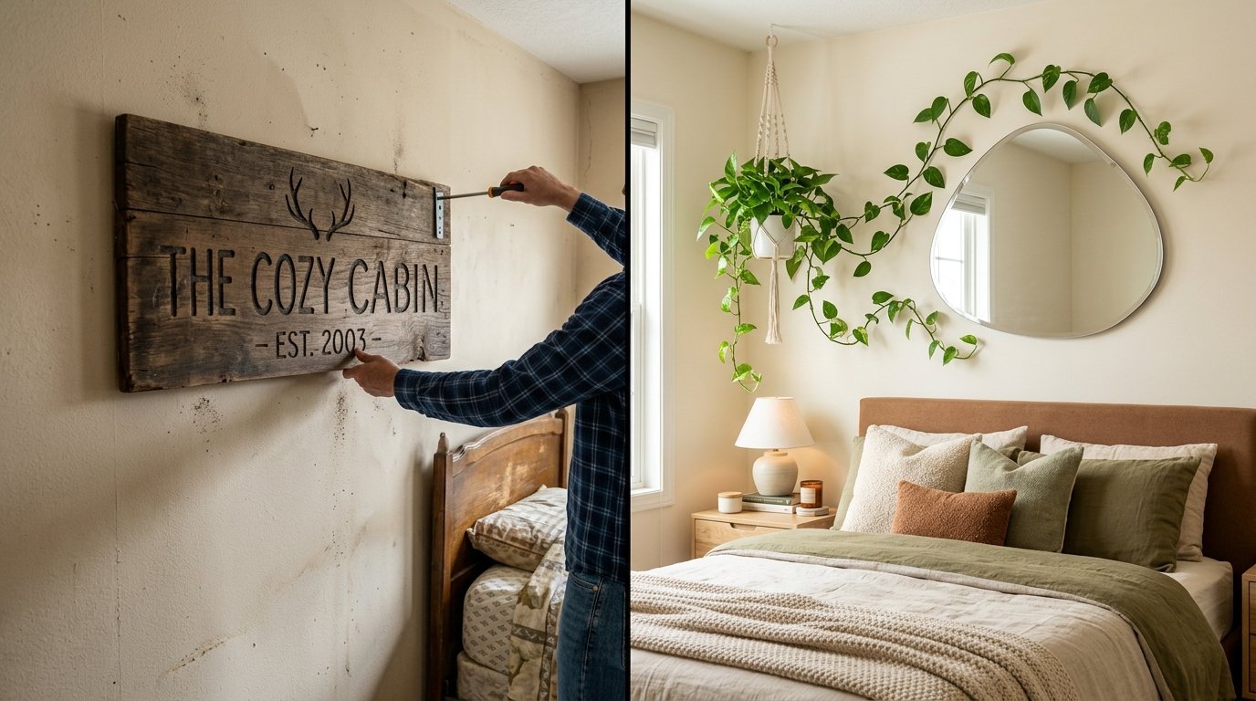 Man using a screwdriver to hang a wooden sign that says The Cozy Cabin above a bed frame.