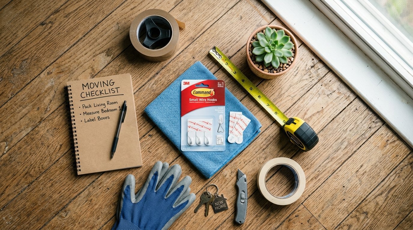 Moving checklist, packing tape, tape measure, Command hooks, work gloves, and a key on a hardwood floor.