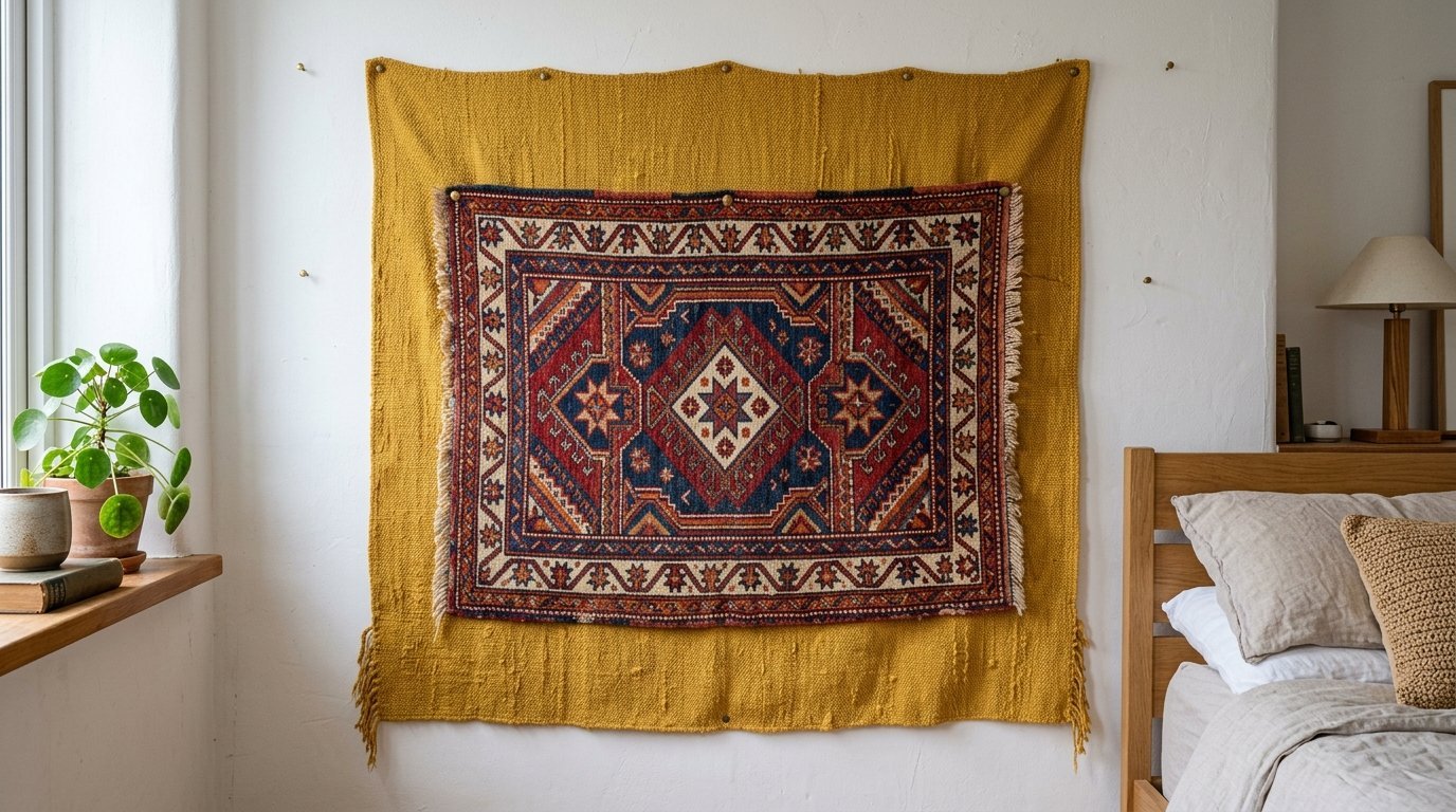 Small ornate rug with blue and red geometric patterns pinned onto a large mustard yellow textile on a bedroom wall.