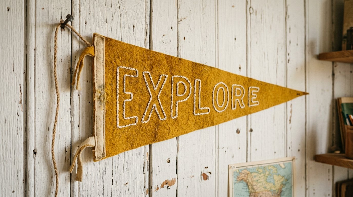 Close-up of a mustard-colored felt flag featuring embroidered text that reads EXPLORE.