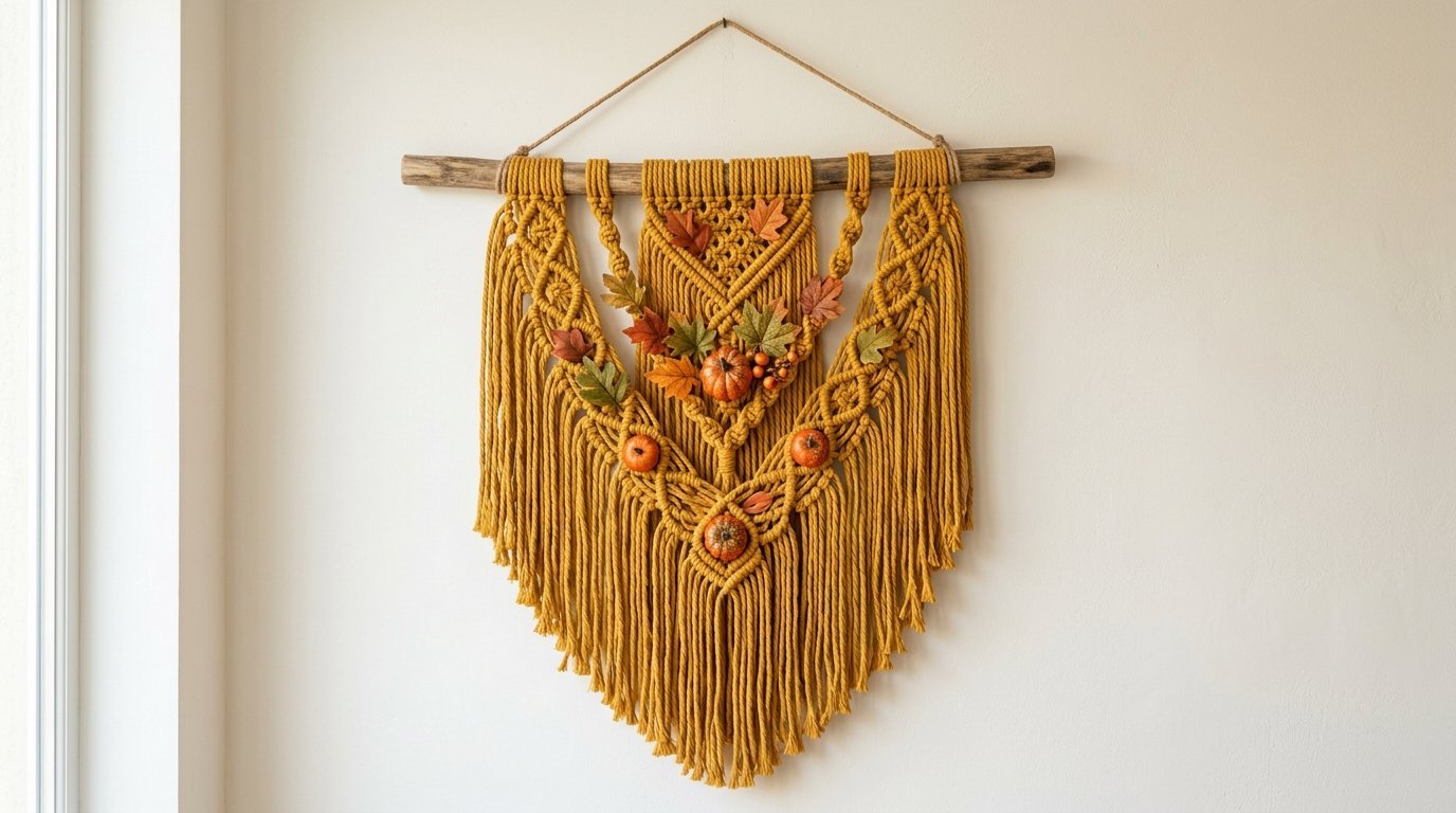 A handmade yellow macrame tapestry on a wooden branch, decorated with artificial fall leaves and small pumpkins.