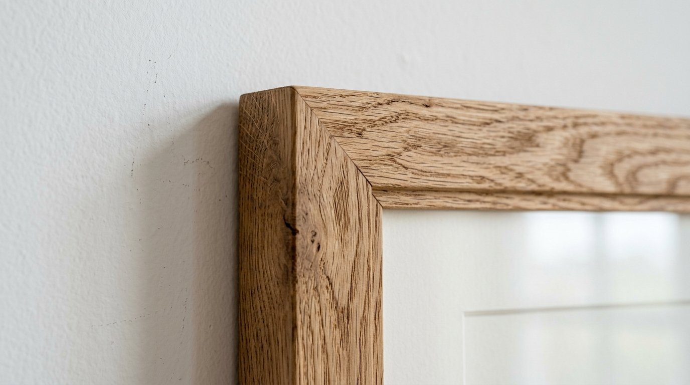 Mitered corner of a light oak wood picture frame hanging against a plain white painted wall.