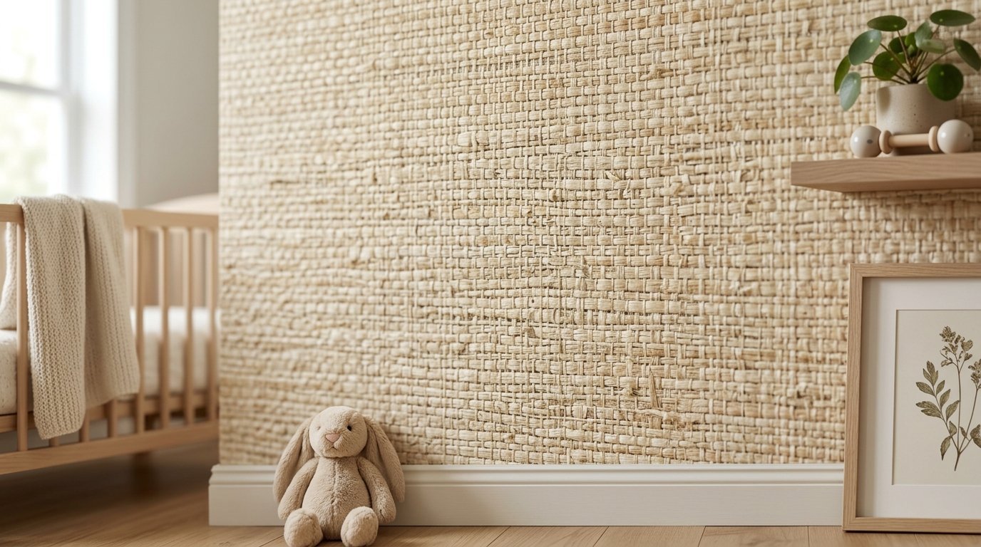 Close up of tan woven wall covering in a nursery with a plush bunny toy and wooden crib nearby.