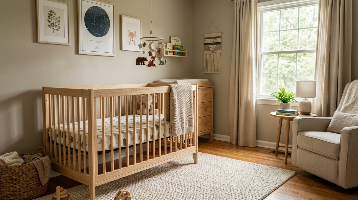 Neutral nursery with a wooden crib, changing table, rocking chair, and a woodland animal mobile hanging overhead.