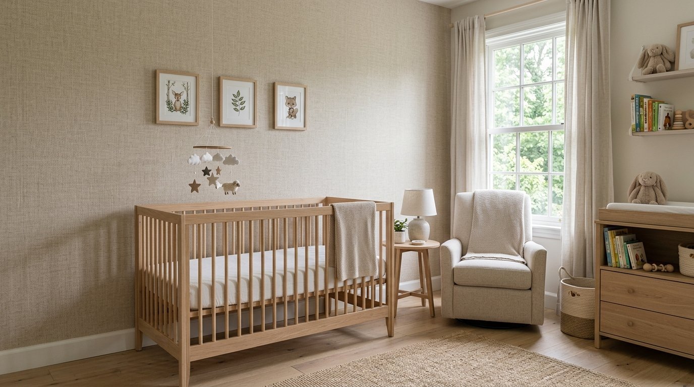 Modern baby room with light wood crib, comfortable rocking chair, and framed botanical animal art on neutral textured walls.