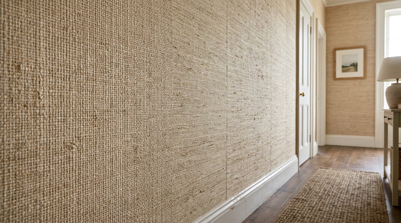A beige grasscloth wall covering with a visible woven fiber texture lines a bright, traditional home corridor.