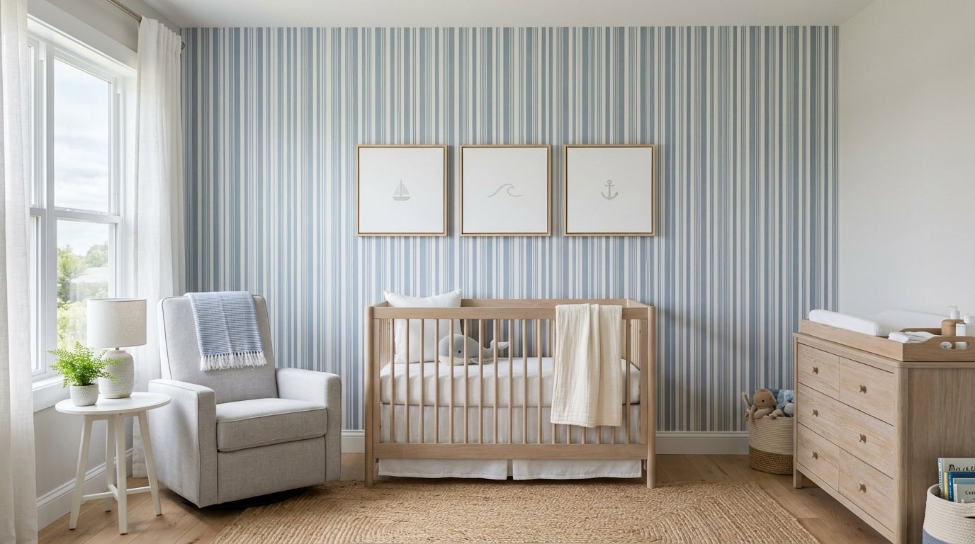 A baby nursery with blue and white striped wallpaper, wood crib, glider chair, and three framed ocean-themed prints.