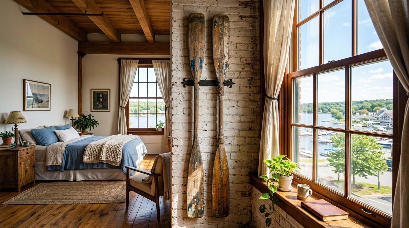Vintage wooden oars mounted on a white brick wall in a cozy bedroom overlooking a boat harbor.