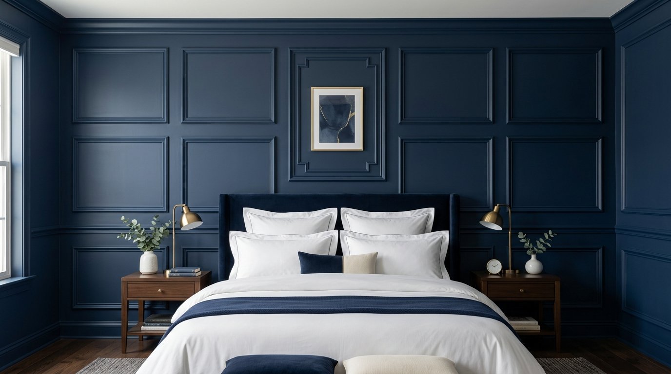 A luxurious bedroom with navy blue wall paneling, a dark headboard, and symmetrical wooden bedside tables.