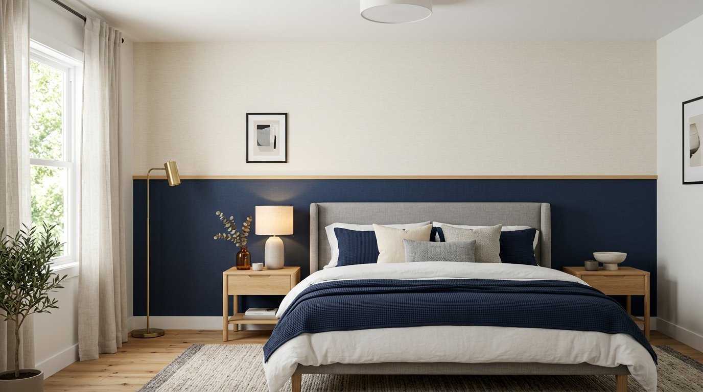Modern bedroom with a grey upholstered bed, navy wall, oak nightstands, and a brass floor lamp.