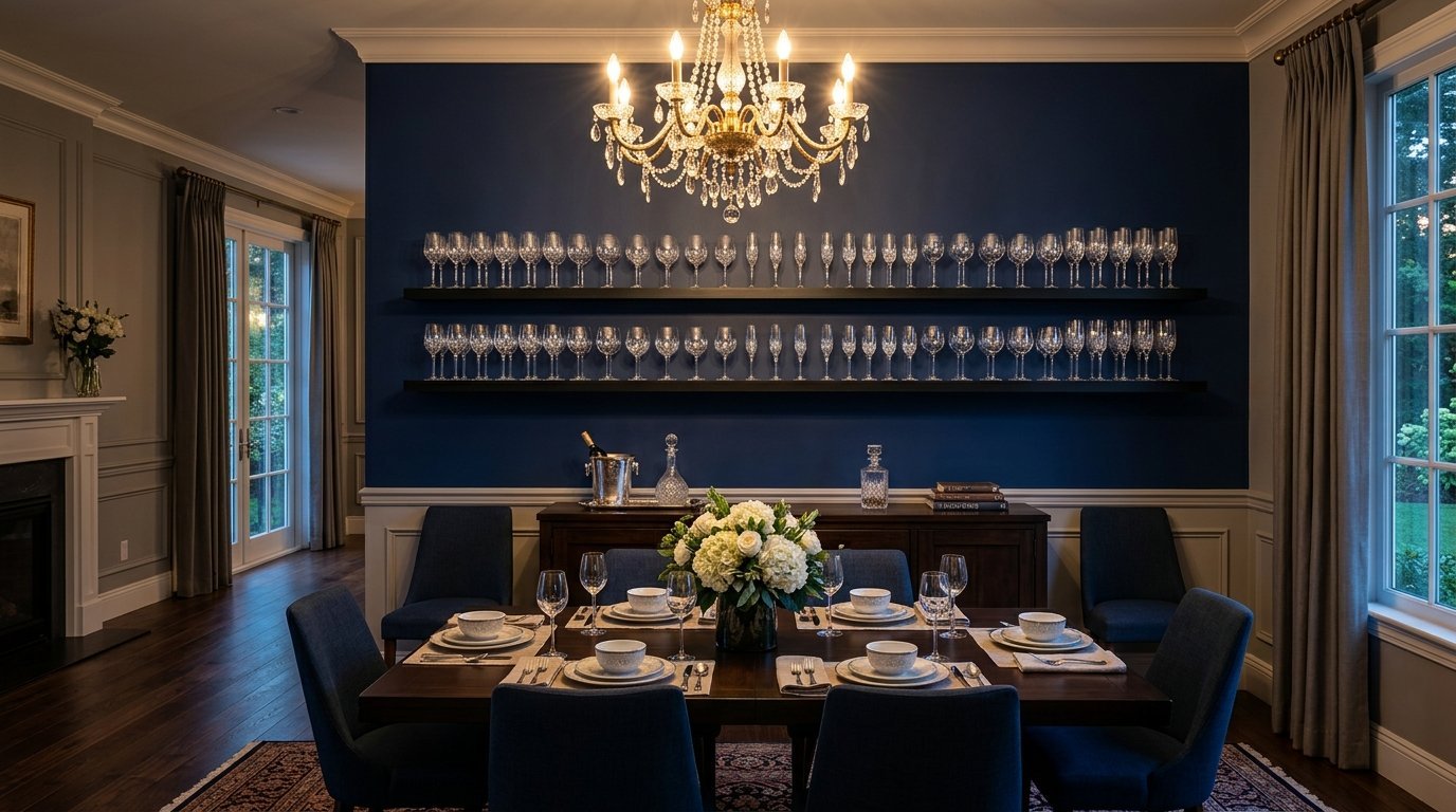 A formal dining room featuring a dark blue wall displaying two rows of crystal glassware under a crystal chandelier.