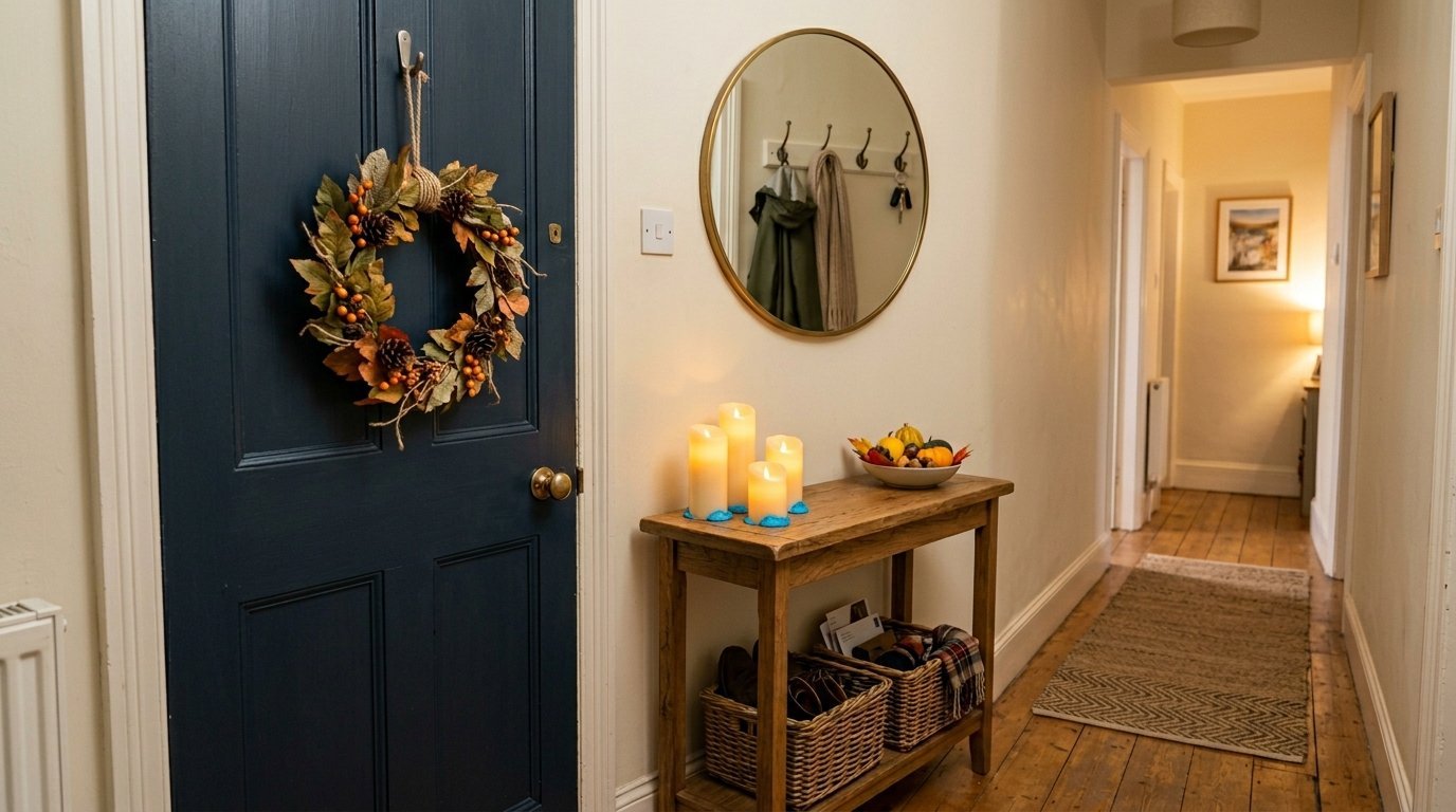 A rustic hallway featuring a dark blue door with a wreath, a console table with candles, and a circular mirror.