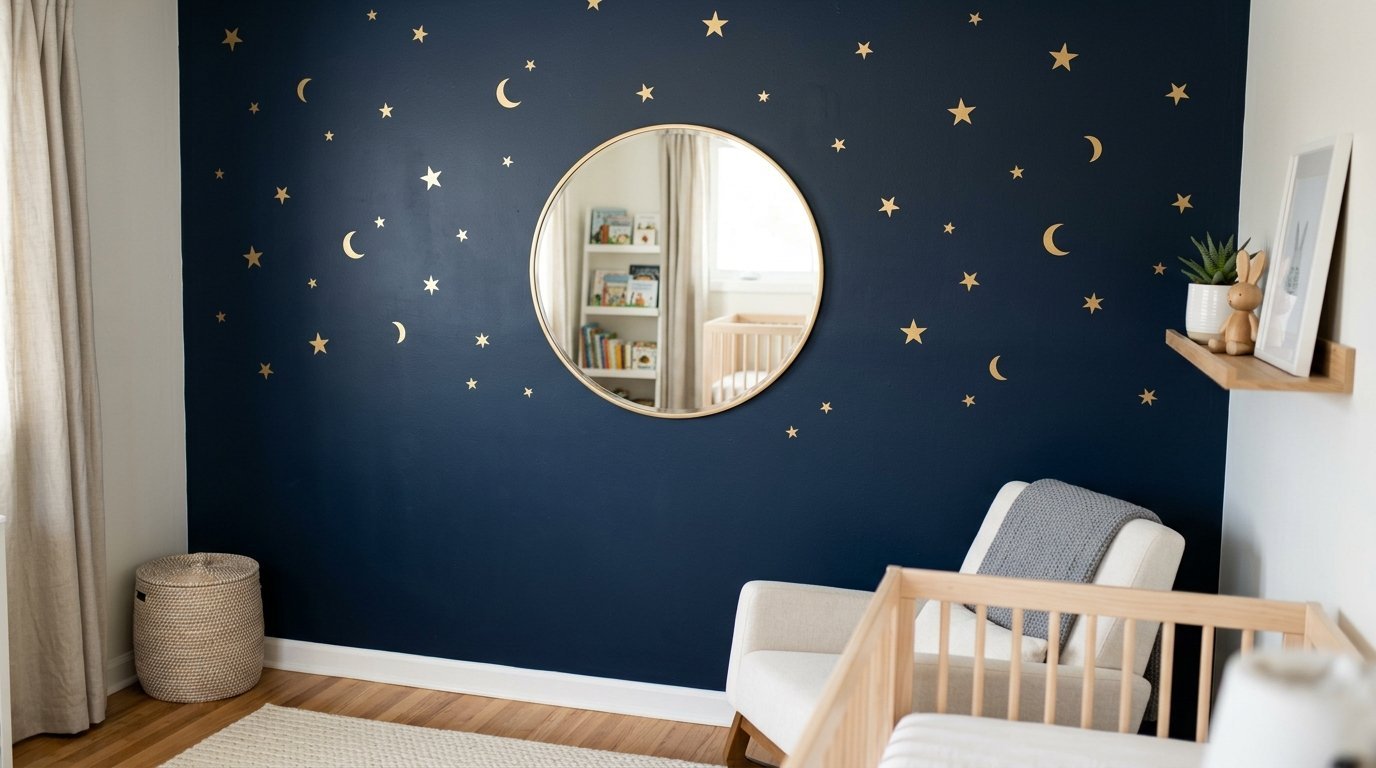 Round gold mirror on a dark blue wall decorated with adhesive gold stars and moons in a nursery setting.