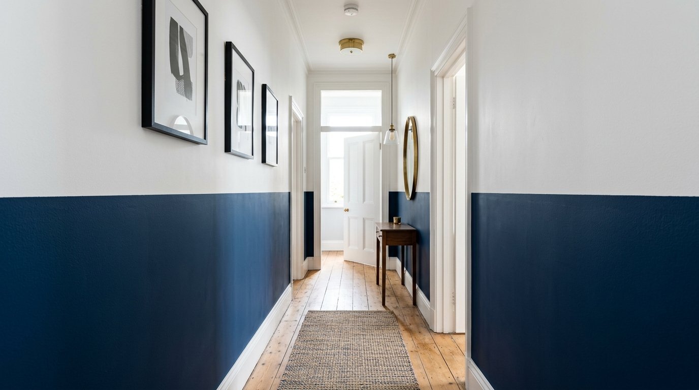 A narrow residential corridor with half-painted navy walls, framed art, and a small wooden console table.