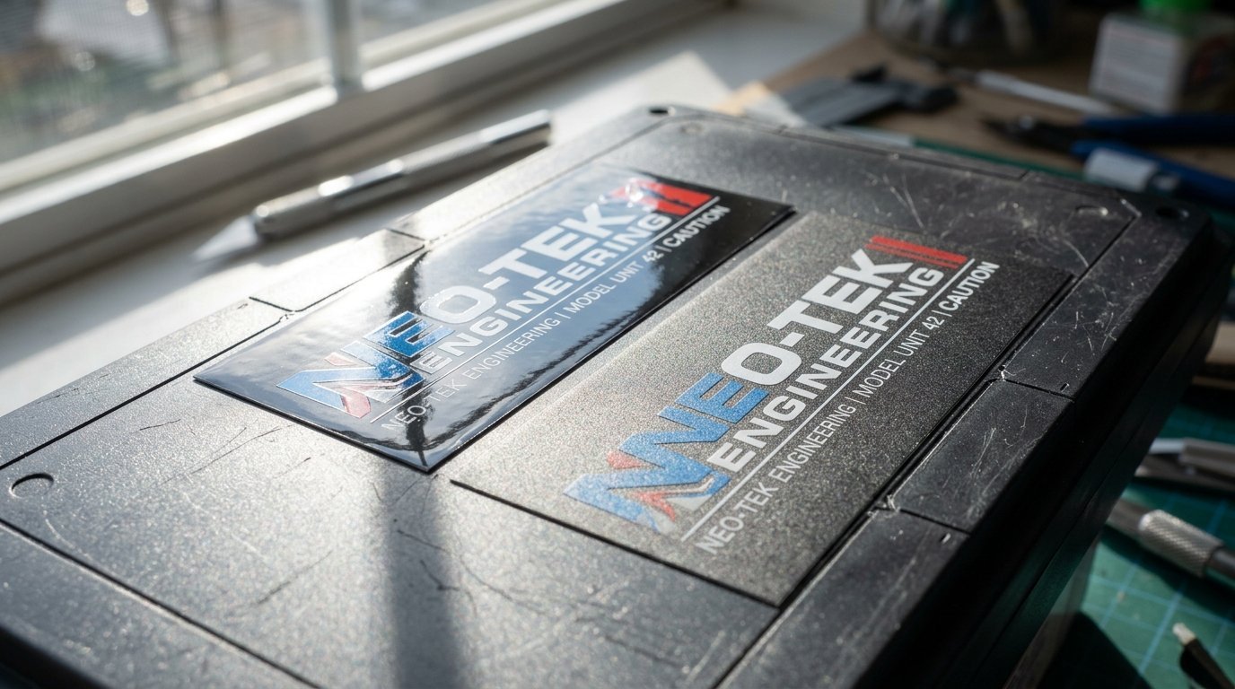 Close-up of a scratched black utility box with two Neo-Tek Engineering stickers resting near a window.