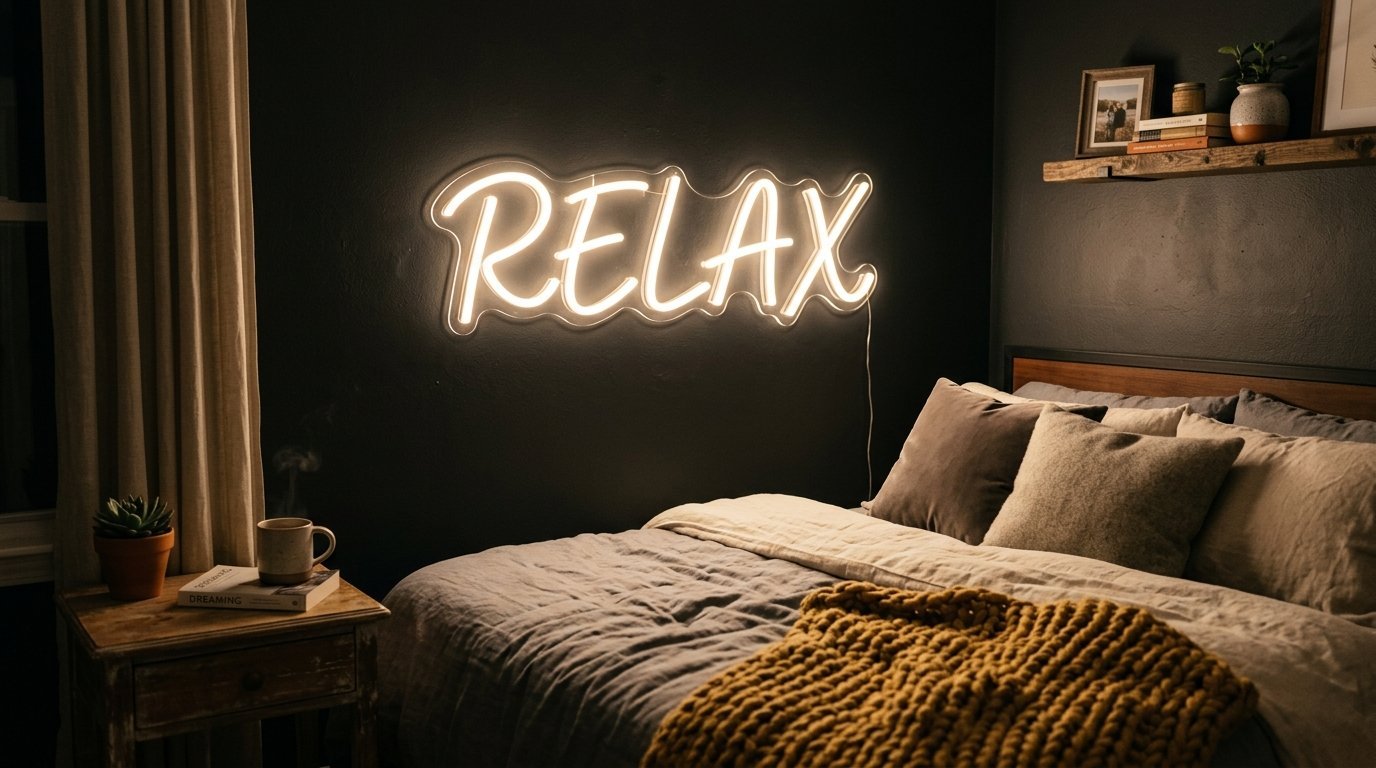 A dimly lit bedroom with a bright neon sign on the wall above a neatly made bed with a chunky knit blanket.