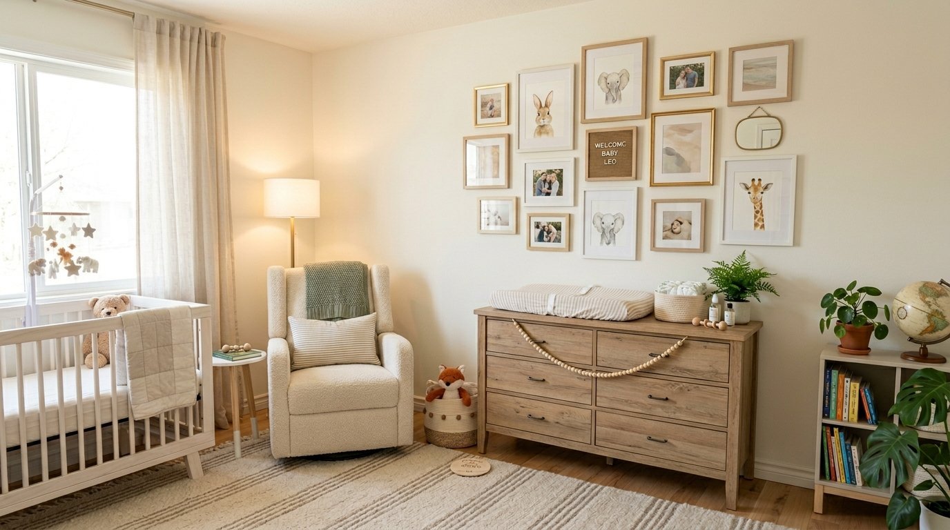 Baby room with a crib, textured armchair, changing table, and a wall of framed animal art and family photos.