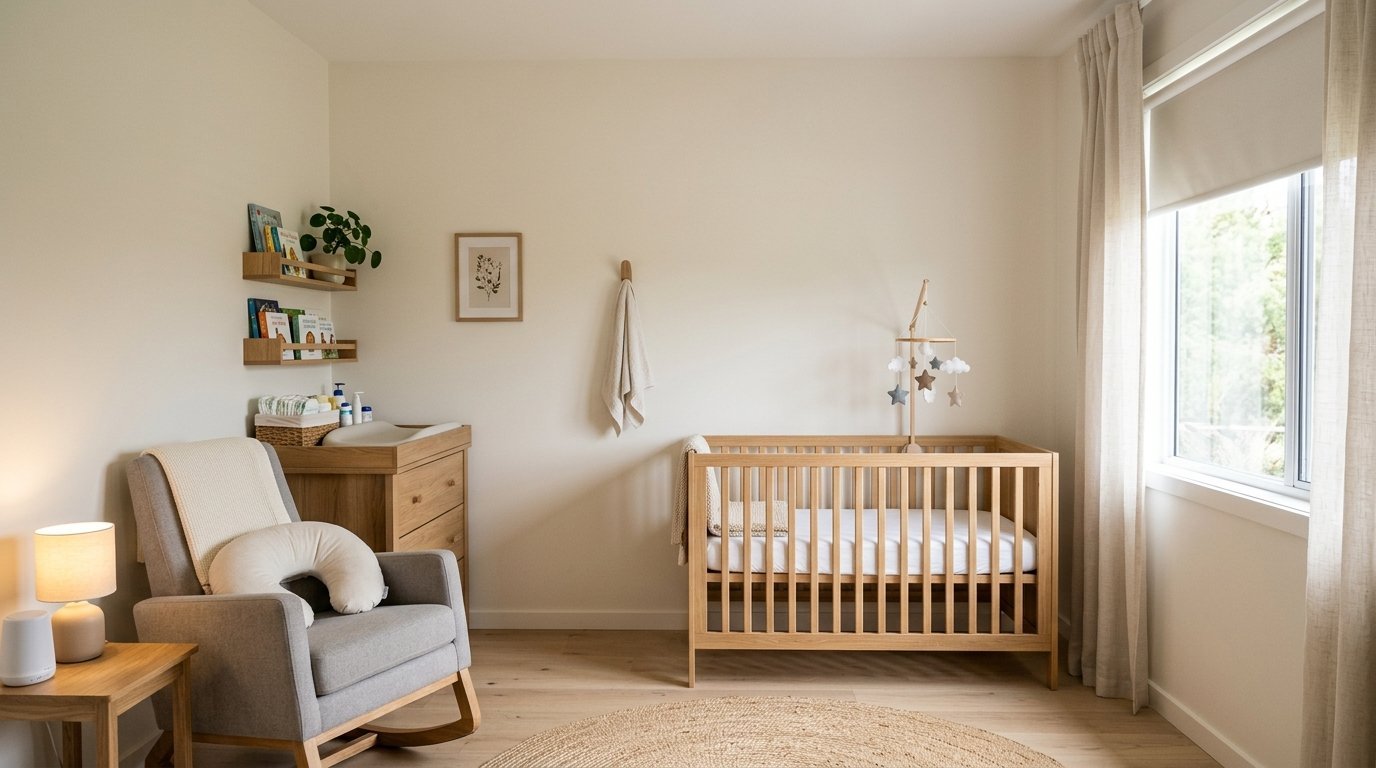 Baby room featuring a wooden crib, grey armchair, and wall shelves with books.