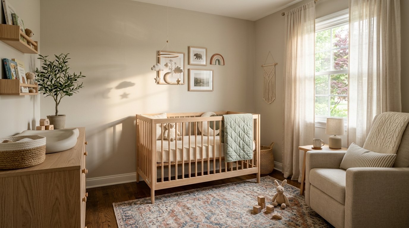 A serene nursery with a wooden crib, beige walls, patterned rug, and a comfortable armchair by a window.