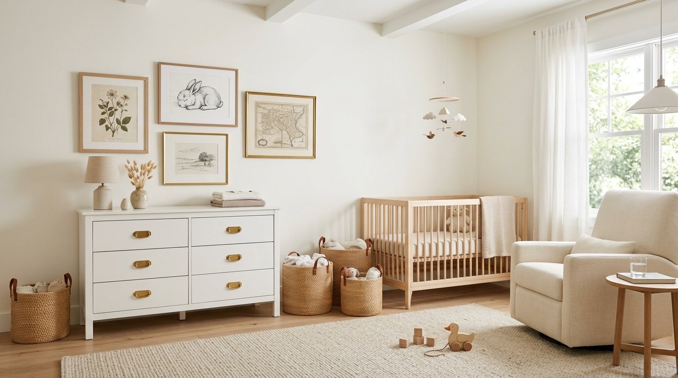Bright nursery with white dresser, wooden crib, plush armchair, and woven baskets on a textured rug.