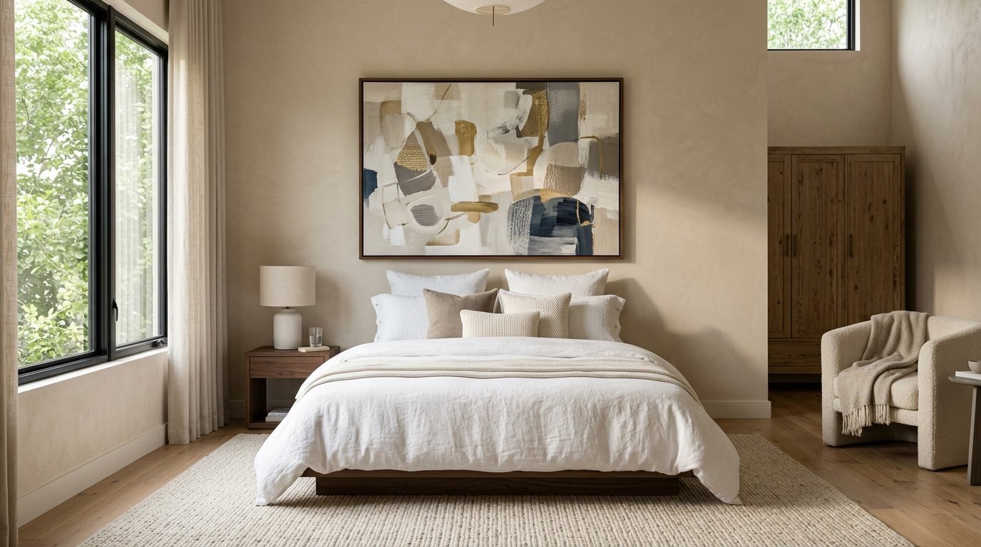 A serene bedroom with a white platform bed, textured rug, and gold and navy abstract wall art.