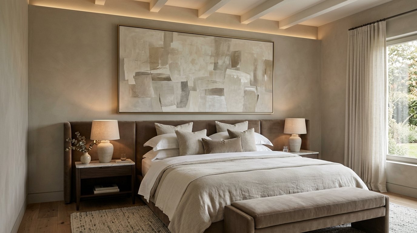 King size bed with plush taupe headboard and layered bedding sitting beneath a large neutral abstract art piece.