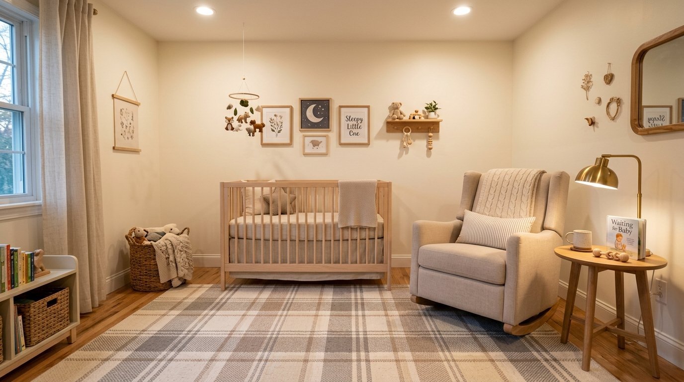Neutral toned baby room with a wooden crib, beige rocking chair, plaid area rug, and forest themed wall art.