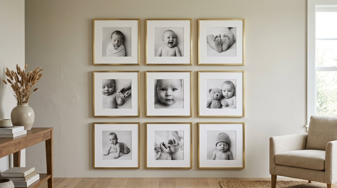 Gallery wall featuring nine square gold frames showcasing black and white infant photography above a cozy armchair.