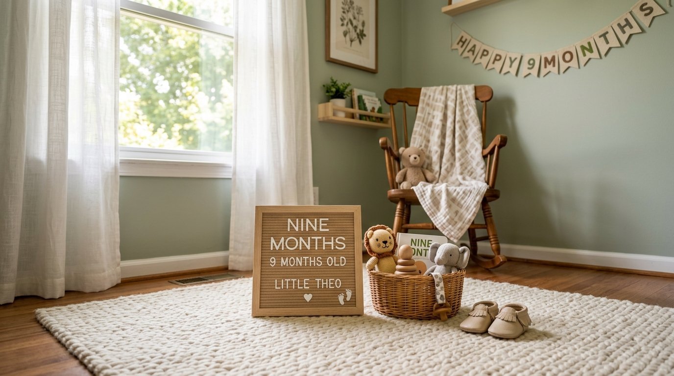 Letter board sign saying nine months with a basket of stuffed animal toys in a cozy nursery room.