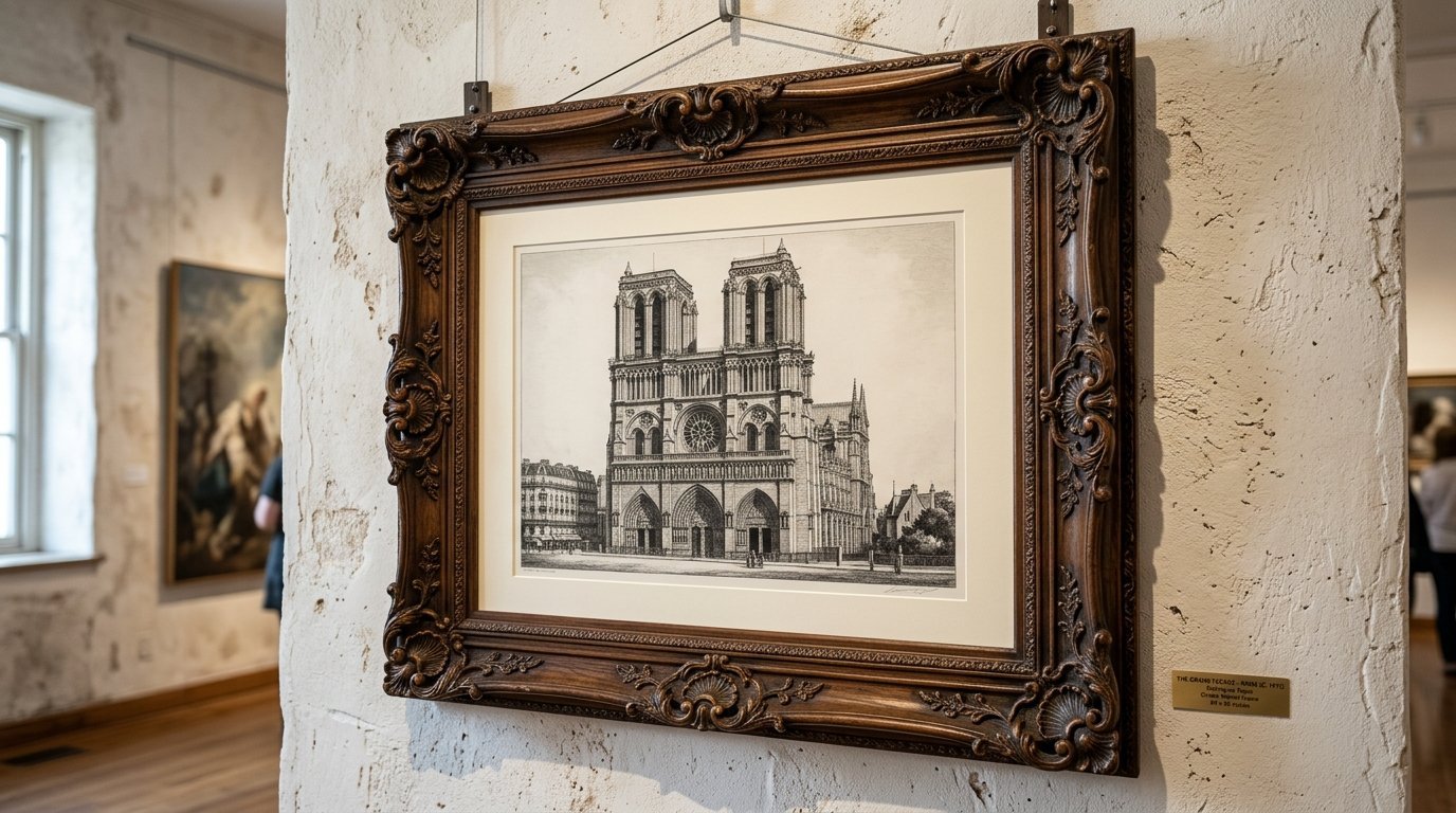 A detailed black and white etching of the Notre Dame cathedral displayed in an ornate wooden frame on a textured wall.