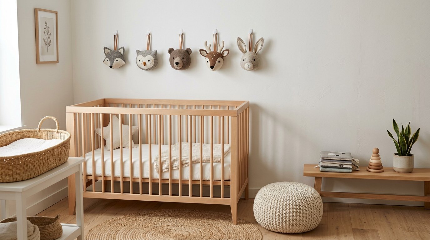 Modern wooden baby crib set against a wall decorated with five plush animal head ornaments.