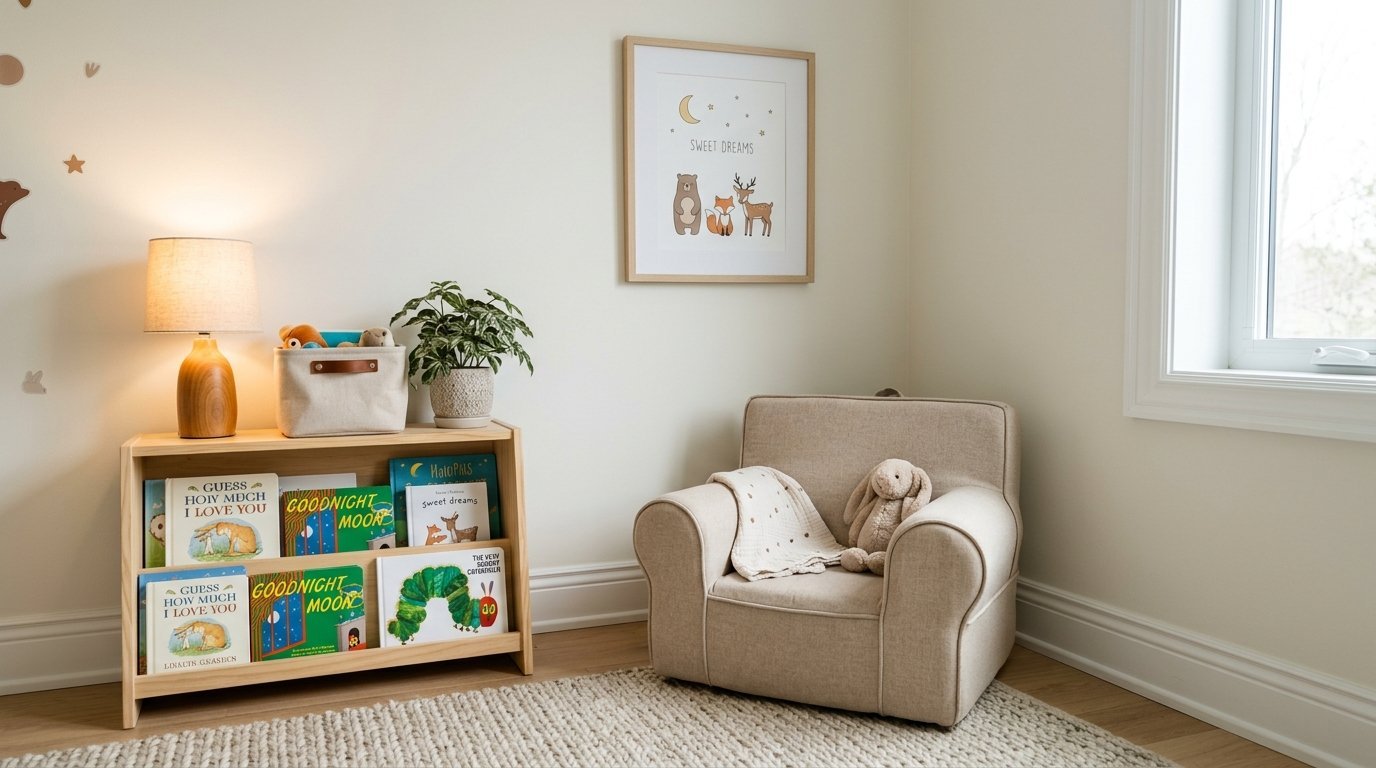 A low wooden bookshelf filled with children's books next to a small beige fabric armchair in a bright nursery room.
