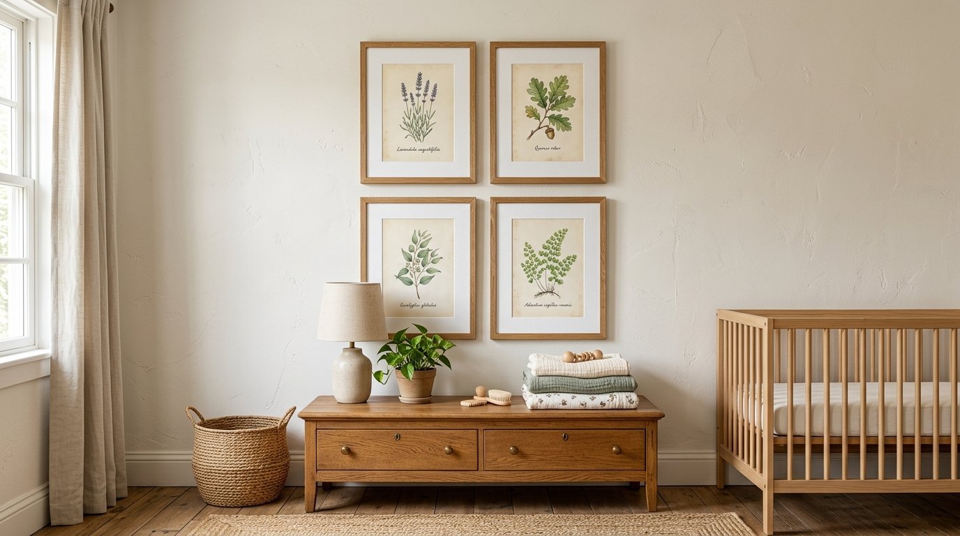 Four framed plant illustrations hang above a low wooden dresser next to a baby crib in a cozy bedroom.