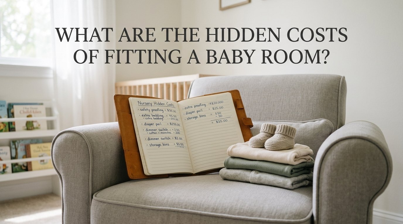 Open notebook with nursery budget notes sitting on a grey chair next to baby clothes and tiny knitted booties.