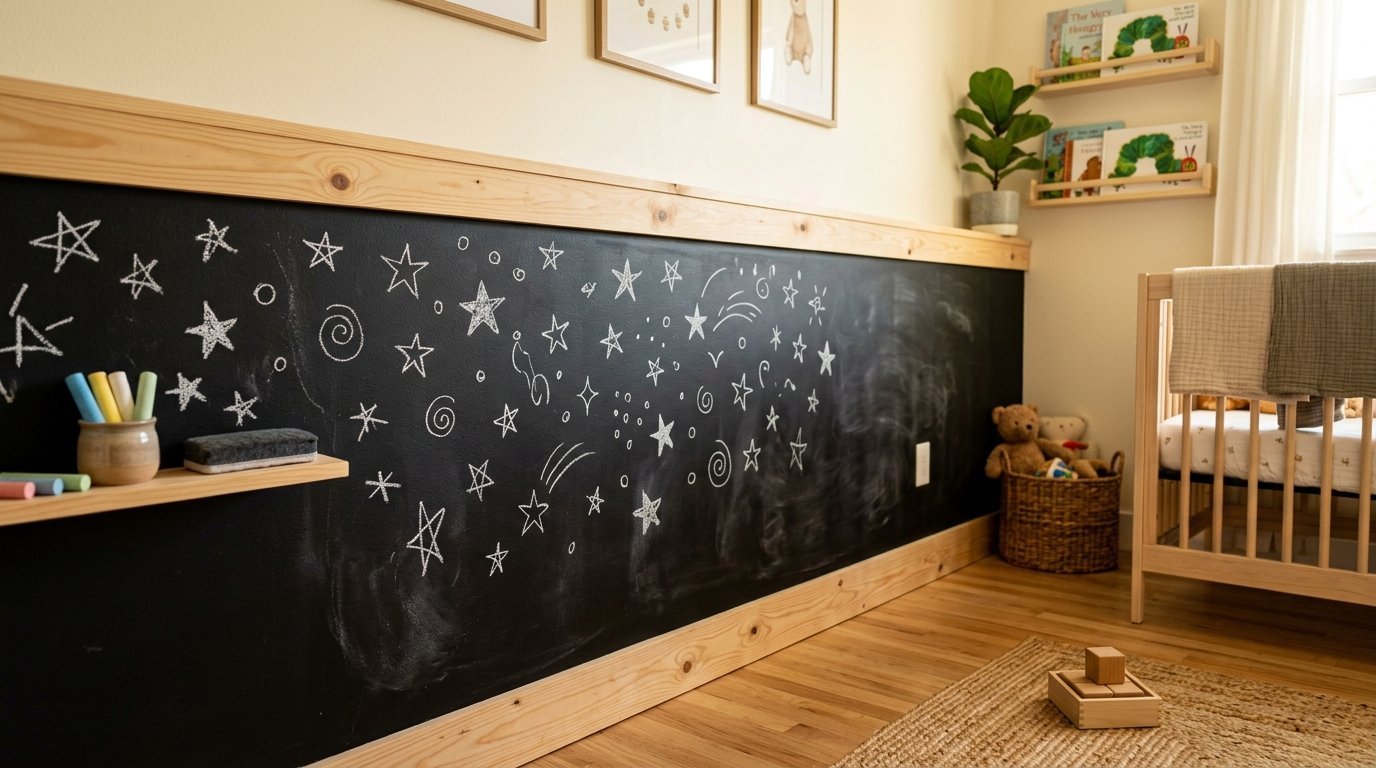 A long black chalkboard wall featuring white star doodles, a small wooden shelf with chalk, and a nearby crib.