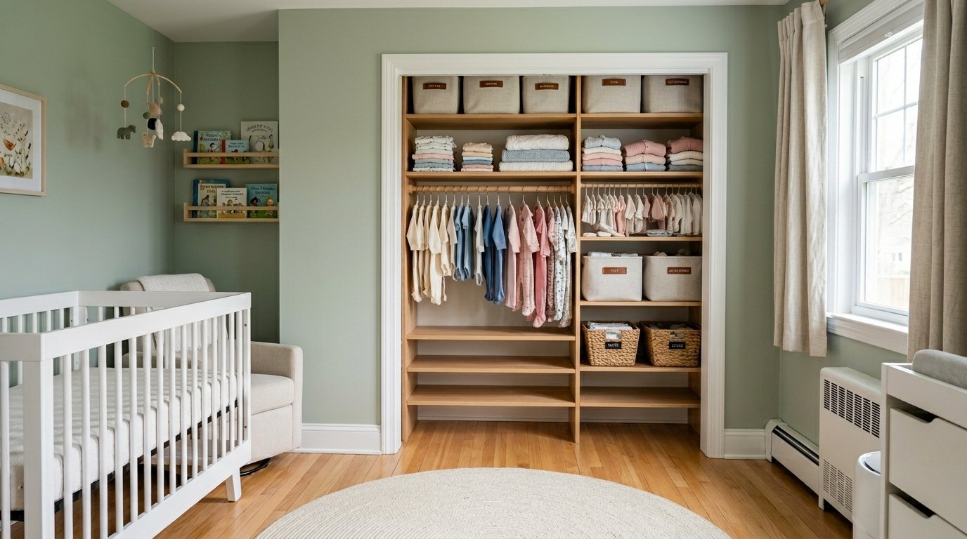 A tidy baby nursery features a white crib, sage green walls, and an open closet filled with neatly arranged baby clothes.