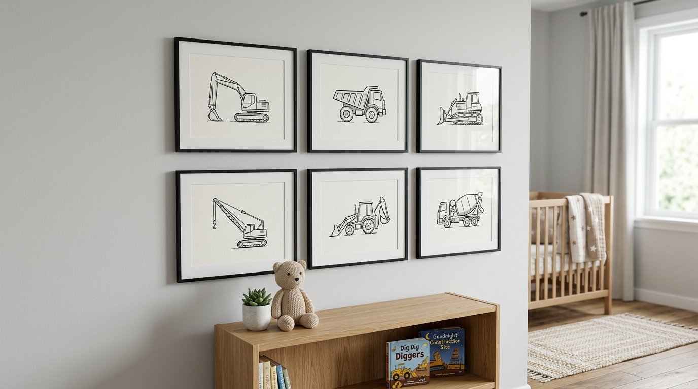 Gallery wall of six sketches featuring excavators and trucks above a wooden bookshelf with a teddy bear.