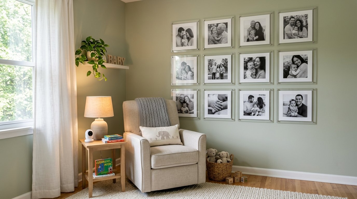 A beige nursery chair with a blanket and elephant pillow sitting before a wall of twelve framed family photographs.