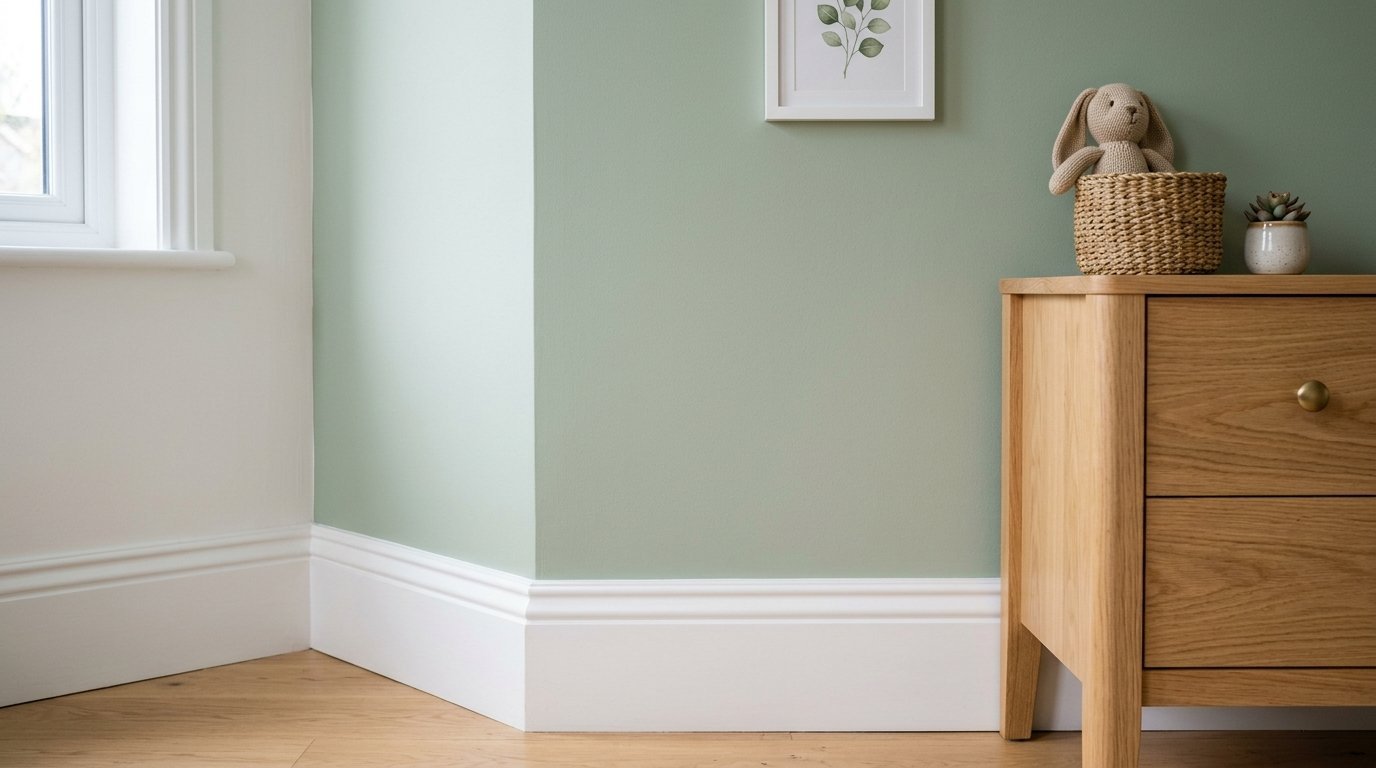A sage green corner with white trim, a wooden dresser, and a small woven basket holding a stuffed rabbit.