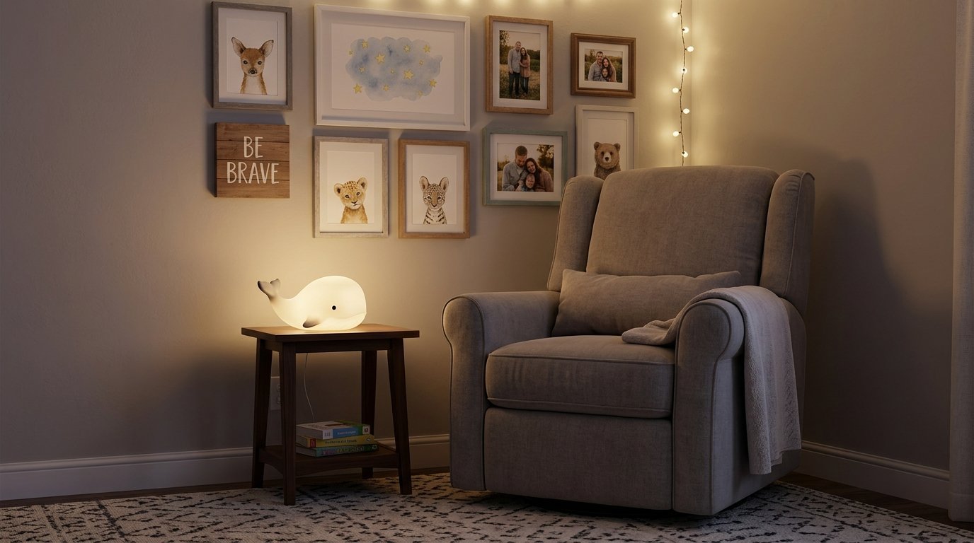 Grey recliner chair next to a small side table holding a warm glowing whale lamp in a decorated nursery room.