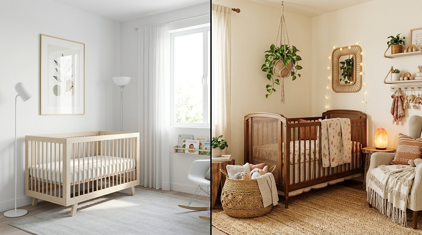 Comparison photo showing a bright modern nursery next to a warm bohemian room with a wooden crib.
