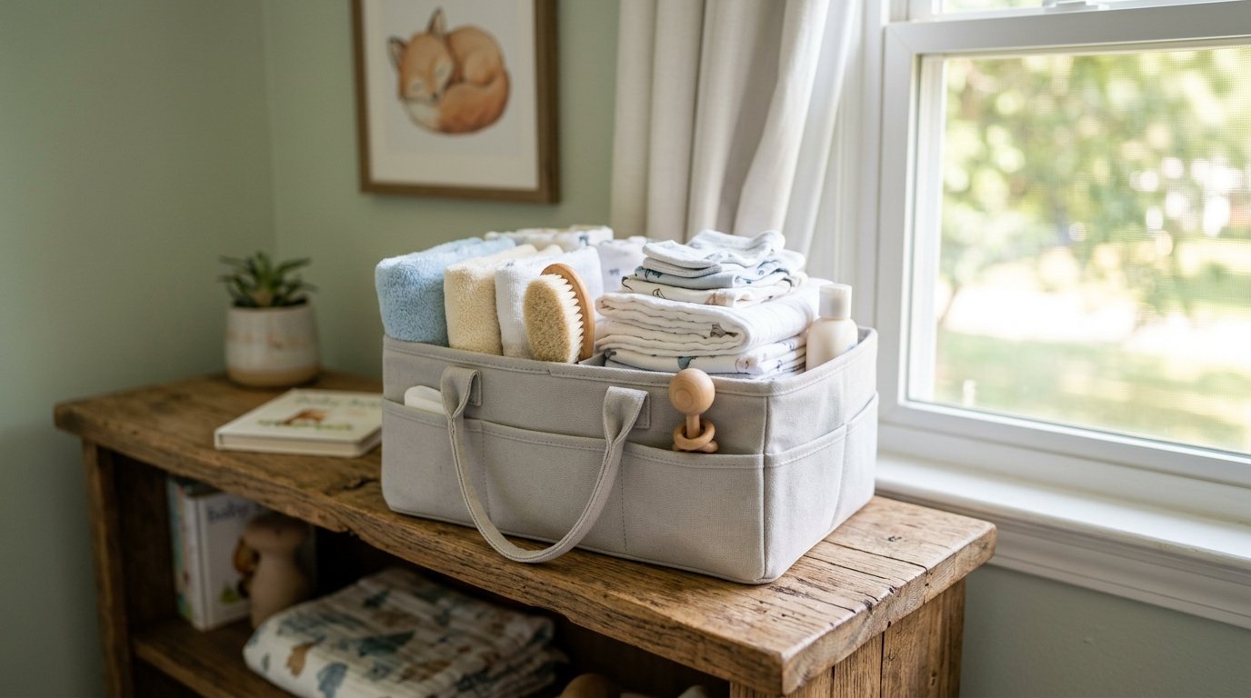 Grey felt storage bin sitting on a rustic wooden dresser containing folded blankets, towels, and baby bath products.