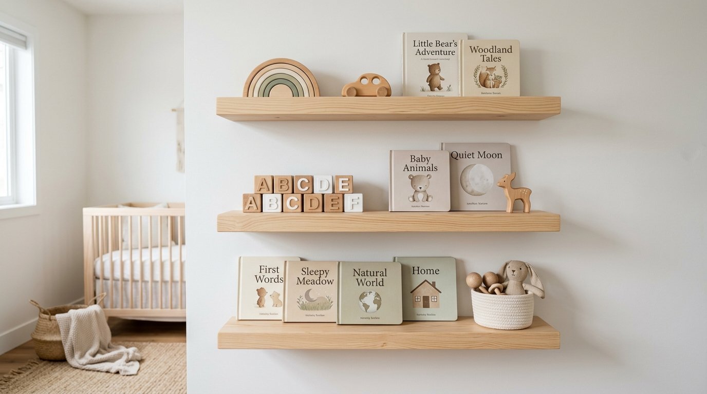 Three wood nursery shelves decorated with children's books, alphabet blocks, and small toys.