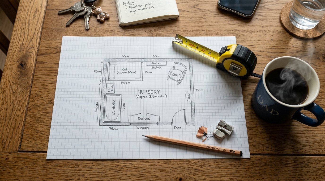 A hand-drawn nursery layout plan on grid paper with a tape measure, pencil, and steaming coffee mug nearby.