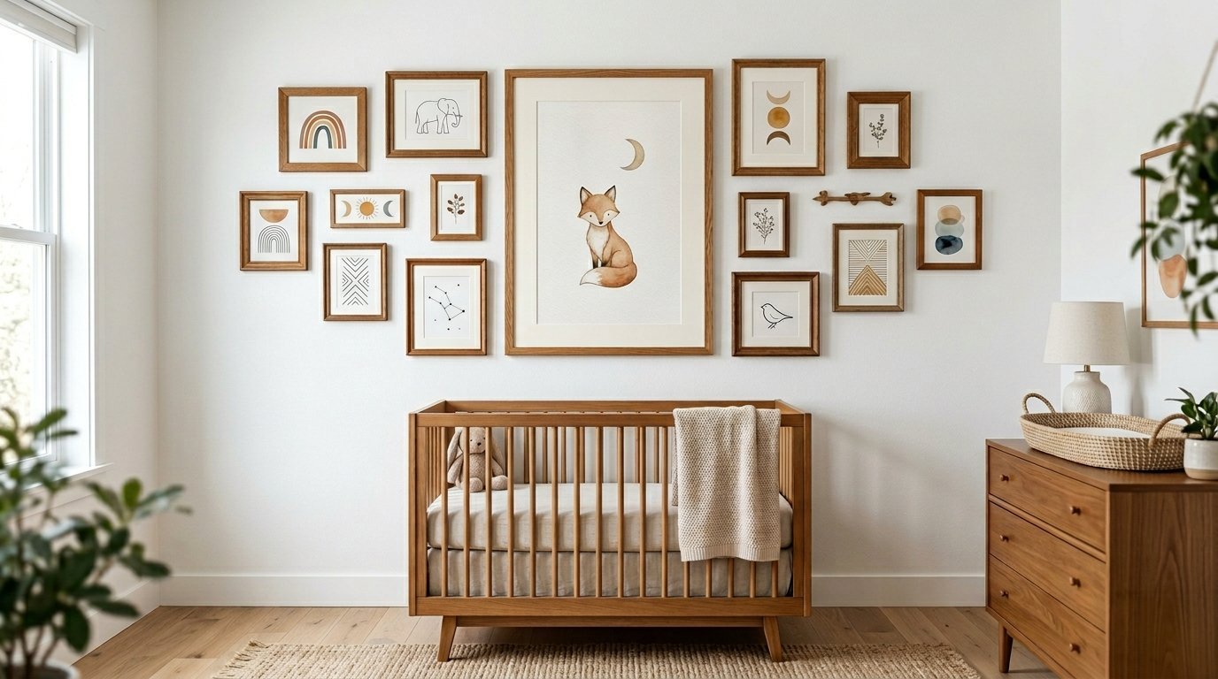 Wooden baby crib sits below a gallery wall featuring a central fox print and various minimalist art pieces.